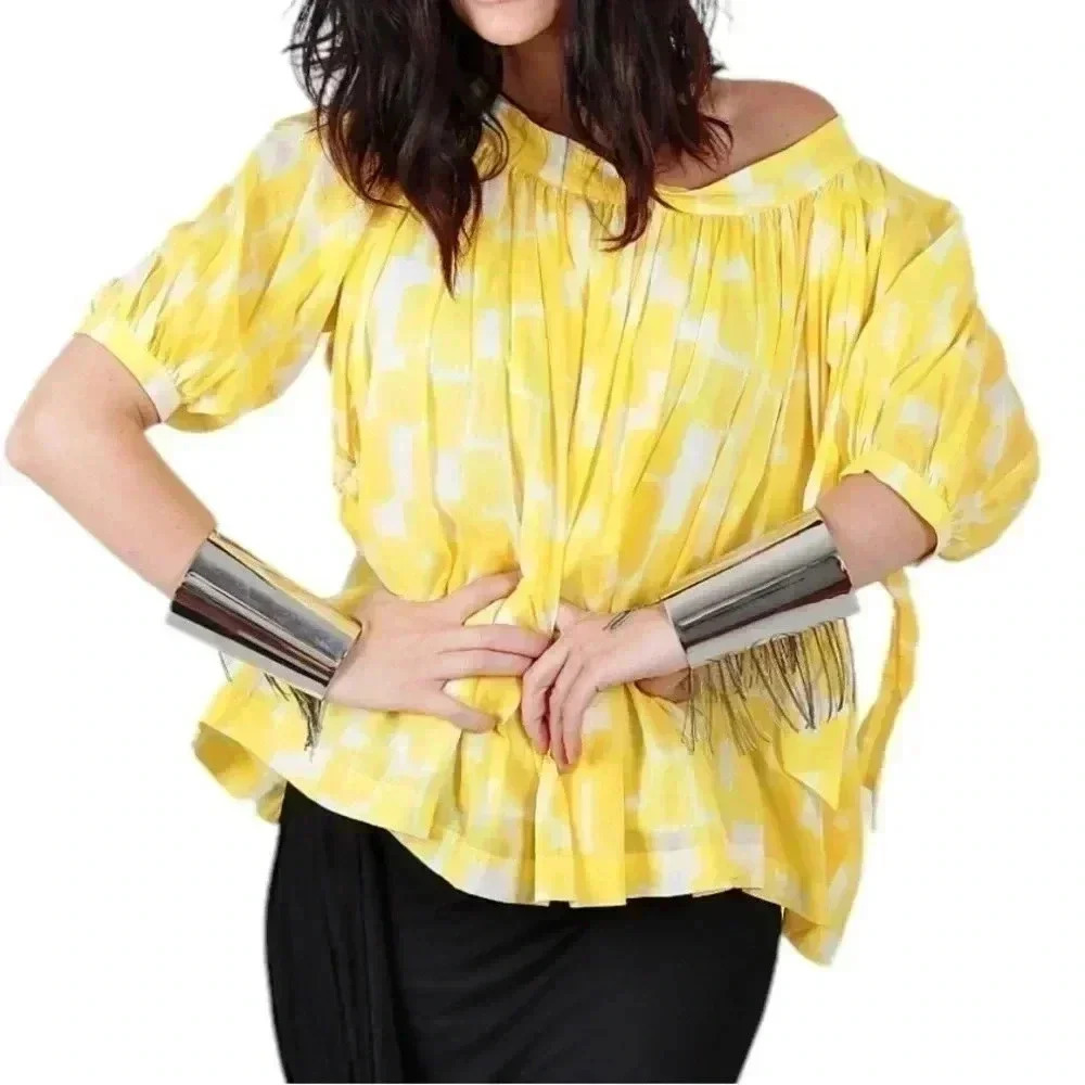 See By Chloe Yellow and White Scoop Neck Peasant Blouse